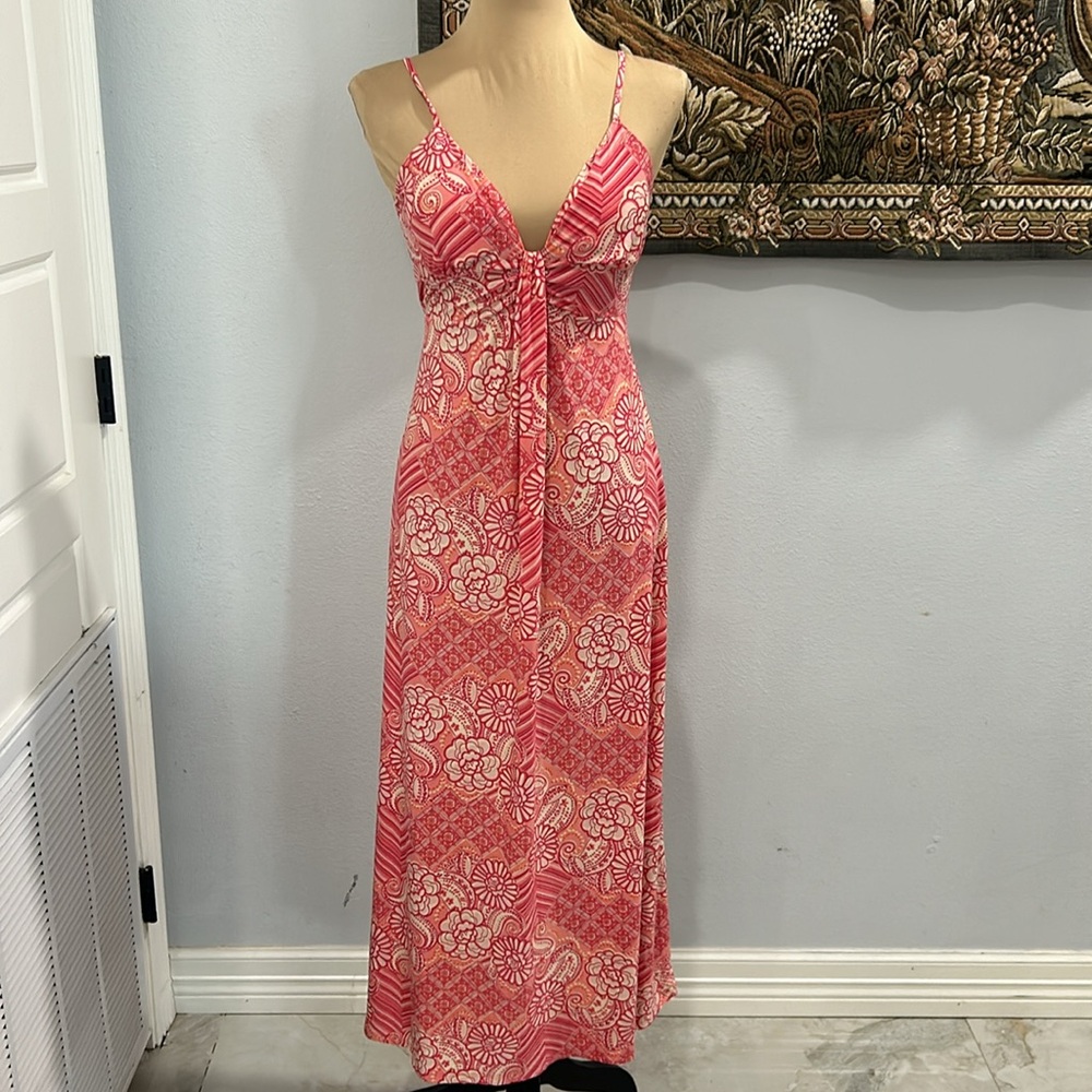 Linea Donatella Floral Empire Waist Spaghetti Strap Adjustable MaxiOrange. SizeS